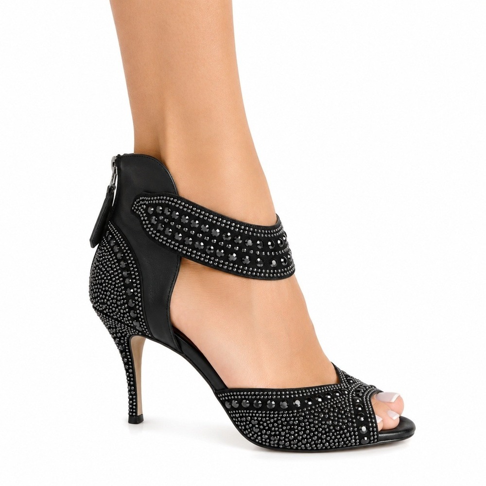 Valentino Garavani Heels Womens 39.5 Black Studded Peep Toe d'Orsay Stiletto Zip